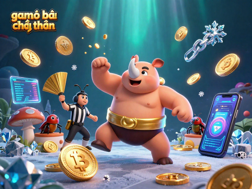 Engage in game đánh bài đổi thưởng with a unique digital casino scene featuring various crypto elements.