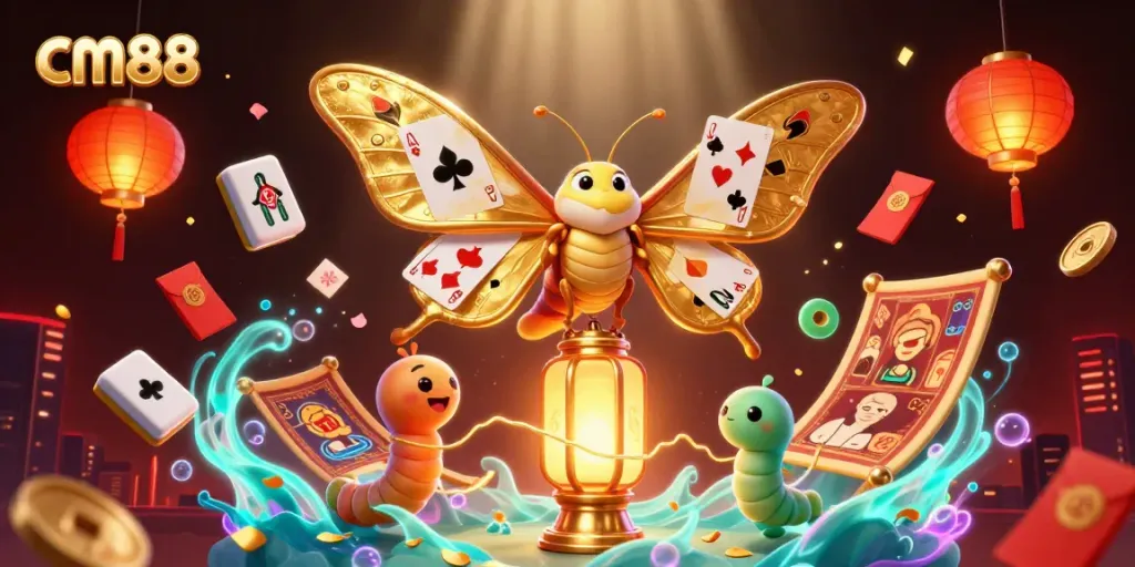 Engage with cm88's vibrant casino world featuring a majestic moth and casino elements.