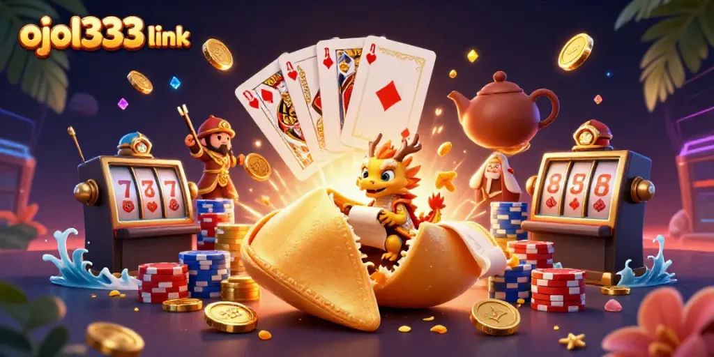 Engage with ojol333 link as dynamic golden casino theme bursts throughout the illustration, showcasing vibrant gaming elements.