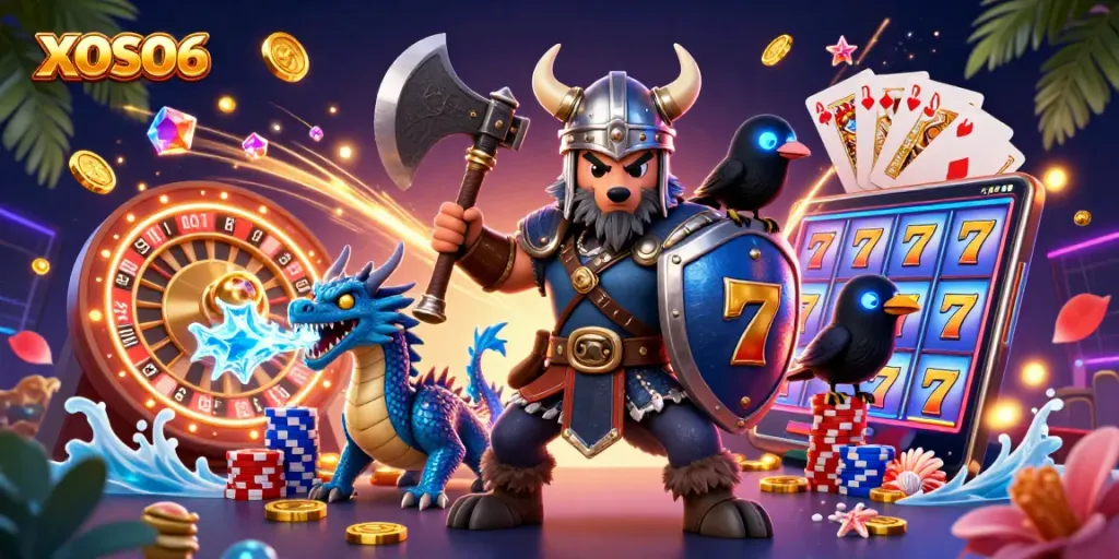 XOSO66 slot gaming scene featuring vibrant Viking and dragon elements in a casino setting.