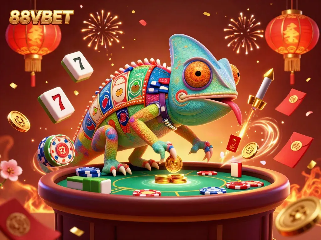 Engaging scene featuring 88VBET with a colorful chameleon, spinning coins, and festive elements in a casino.