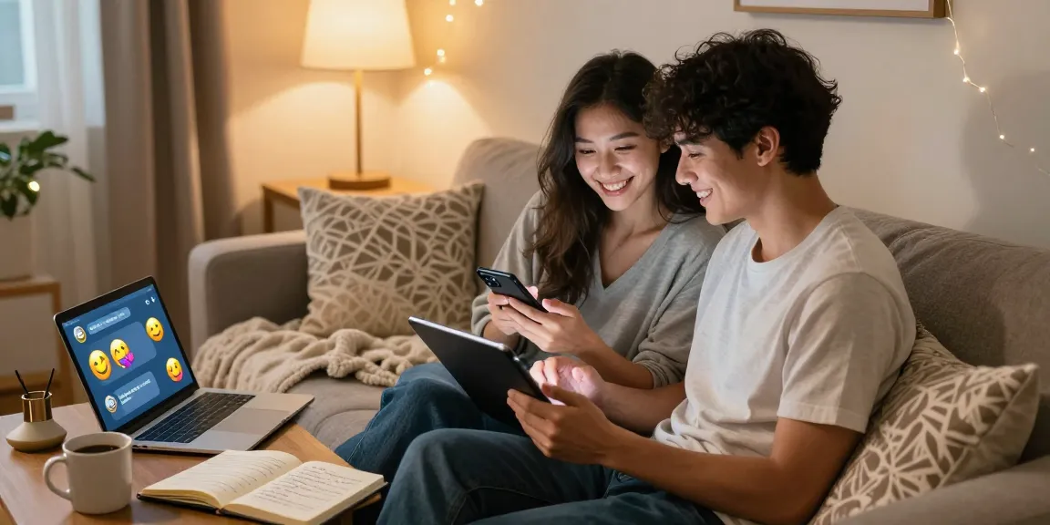 Young couple enjoying a sex AI chat on devices in a cozy home setting.