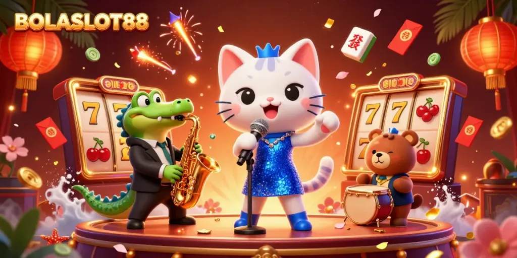 Experience the excitement of BOLASLOT88 with vibrant casino characters and spinning slot reels.