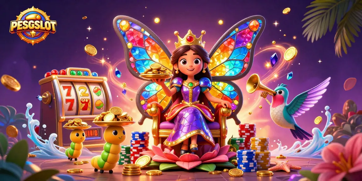 PESGSLOT showcases a vibrant 3D scene with the butterfly queen and slot symbols, winning excitement in visuals.