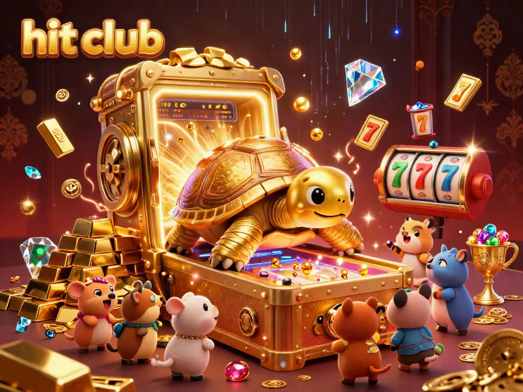 Experience the excitement at hit club with a golden tortoise pinball machine and slot reels.