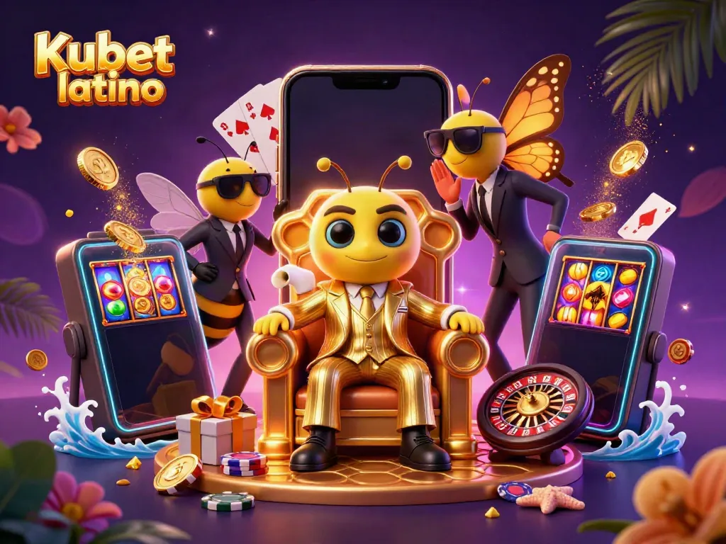 Kubet latino casino scene with a bumblebee mob boss, slot games, and vibrant casino elements.
