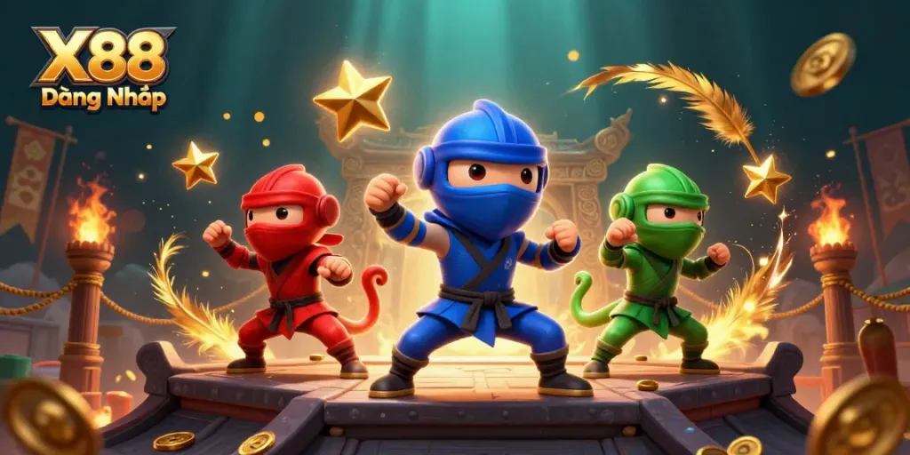 X88 Đăng Nhập showcases a dynamic scene with chameleon ninjas in martial arts poses amidst coins and gambling elements.