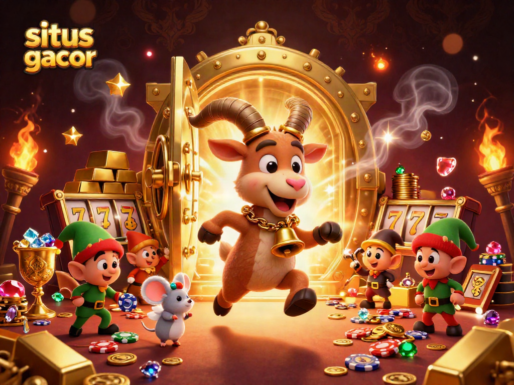 Experience the thrill of situs slot gacor with this festive casino scene featuring unique characters and jackpot elements.