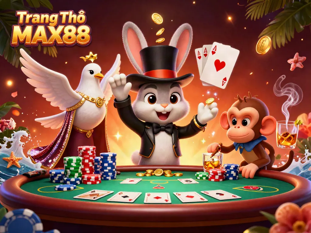 Experience the thrill of Trang Chủ MAX88 with a magician rabbit, poker chips, and coins in a vibrant casino scene.