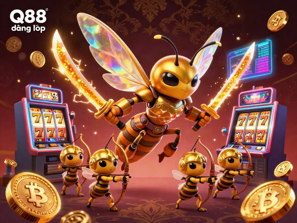 Engage with Q88 đăng nhập alongside a golden hornet and bee archers amidst neon casino elements.