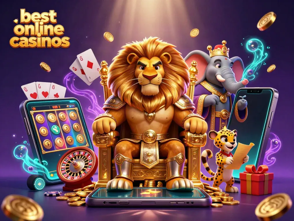 Experience the best online casinos with a vibrant scene featuring a lion king, an elephant advisor, and a cheetah.