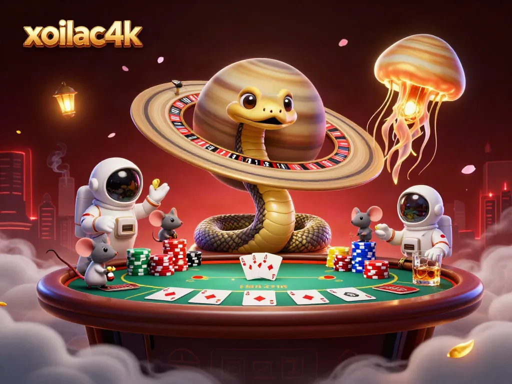 Experience excitement with xoilac4k as astronaut mice bet on the cosmic roulette wheel in a stunning 3D scene.