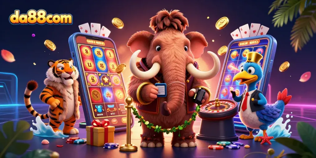 Experience excitement with da88com's vibrant casino scene, featuring a bouncer, VIP guest, and doorman amidst colorful game elements.