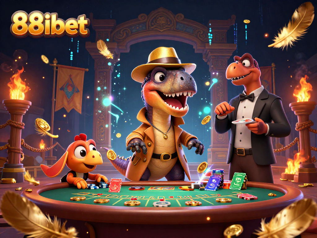 88ibet brings excitement with a velociraptor card counter at a blackjack table in a dynamic casino scene.