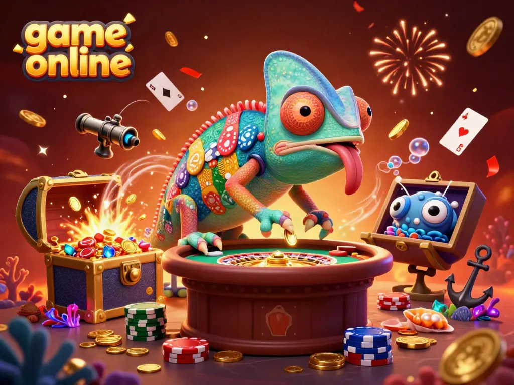 Engage in thrilling game online action with vibrant chameleon casino owner amidst gold and gems.