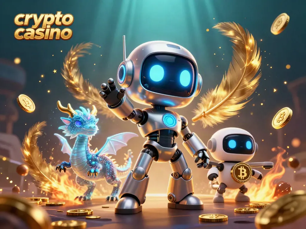Engage in the vibrant world of a crypto casino featuring a cyberpunk robot, digital dragon, and bitcoin-themed elements.