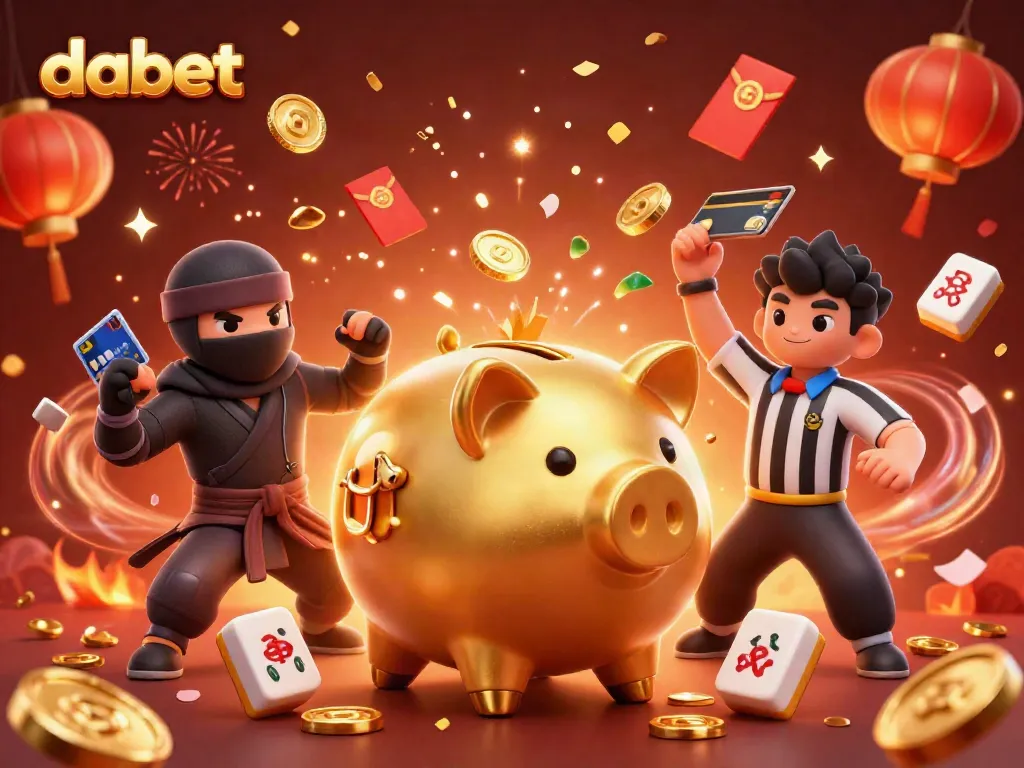 Dabet's exciting gaming scene featuring a golden piggy bank sumo wrestler showcasing big wins with vibrant game elements.