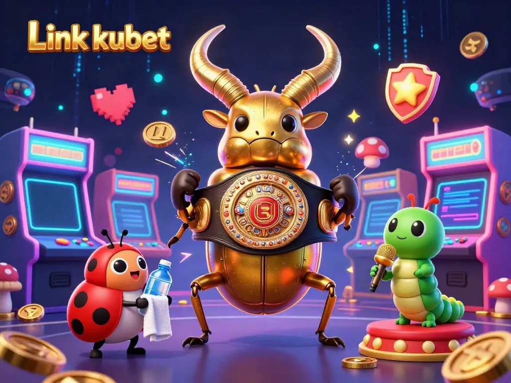 Engage with Link kubet in this vibrant 3D casino scene featuring a boxing beetle champion.
