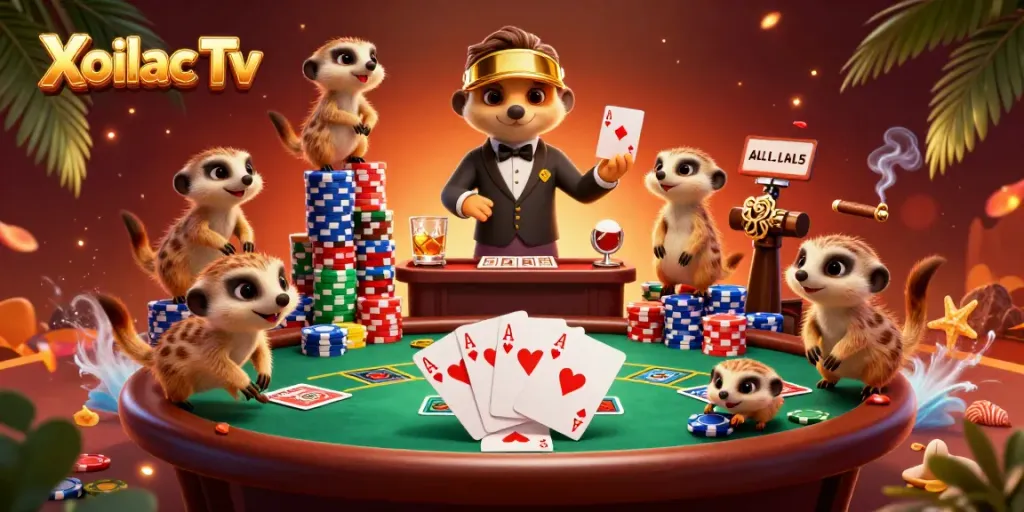 Xoilac Tv offers thrilling casino action with meerkats managing poker games, surrounded by colorful chips and game elements.