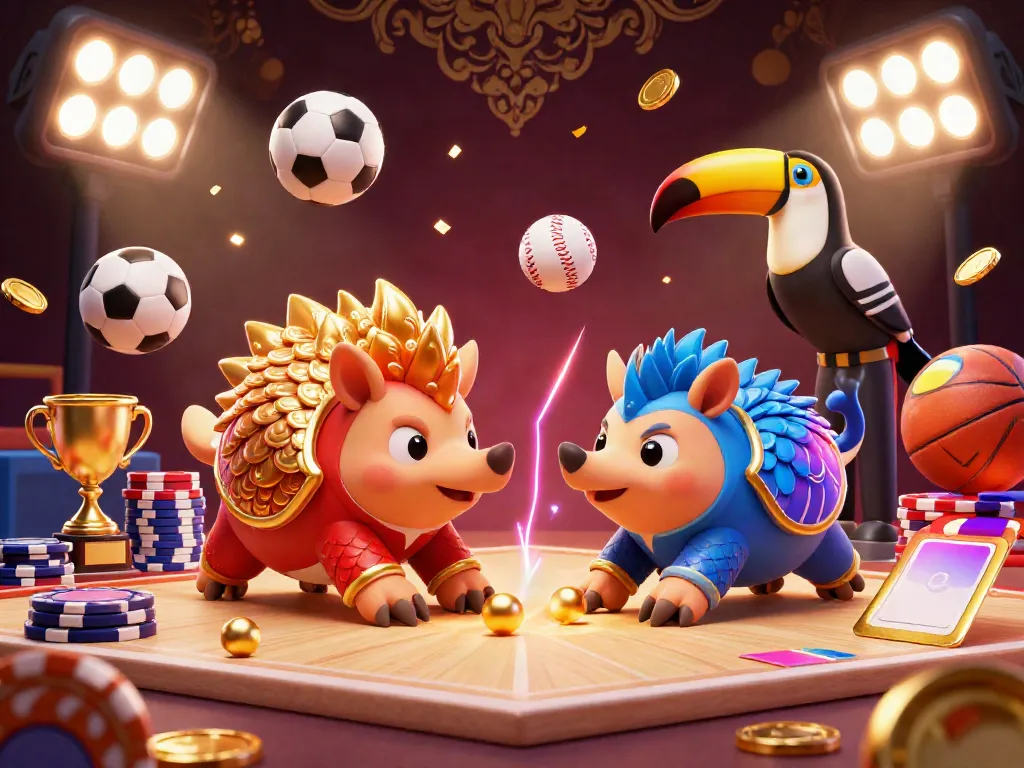 Engage with BK88 com in a vibrant 3D scene featuring pangolins in armor rolling golden balls amidst poker chips.