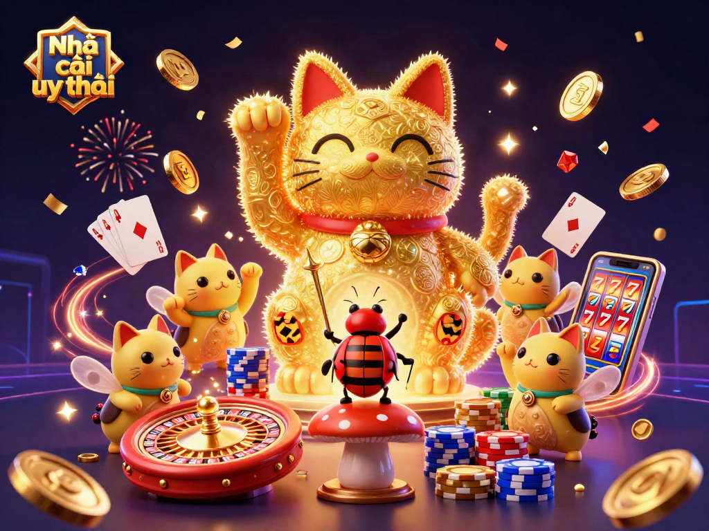 Engage with Nhà cái uy tín through vibrant casino symbols and animated characters in a dynamic illustration.