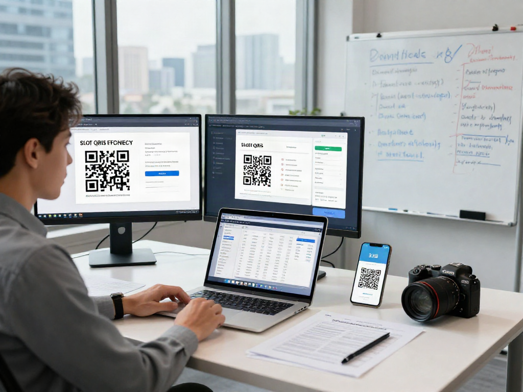 Financial analyst reviewing slot QRIS data in a modern workspace with multiple screens and urban skyline light.