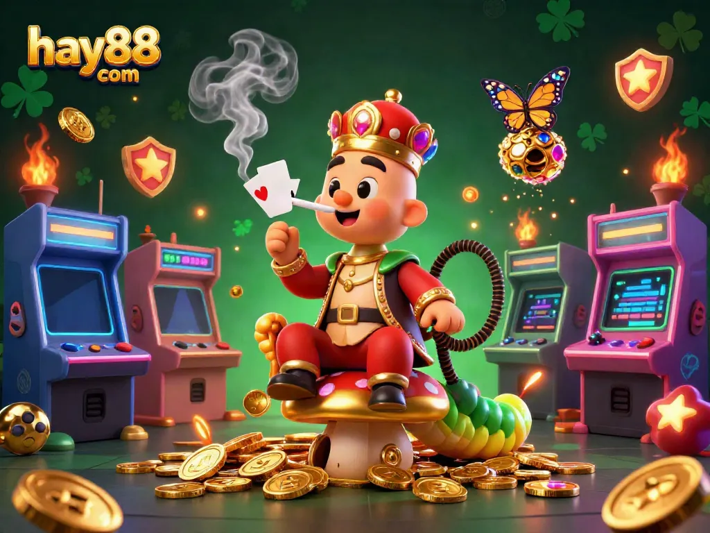 Engage with promotional artwork of hay88 com, showcasing vibrant casino elements and a unique caterpillar character.