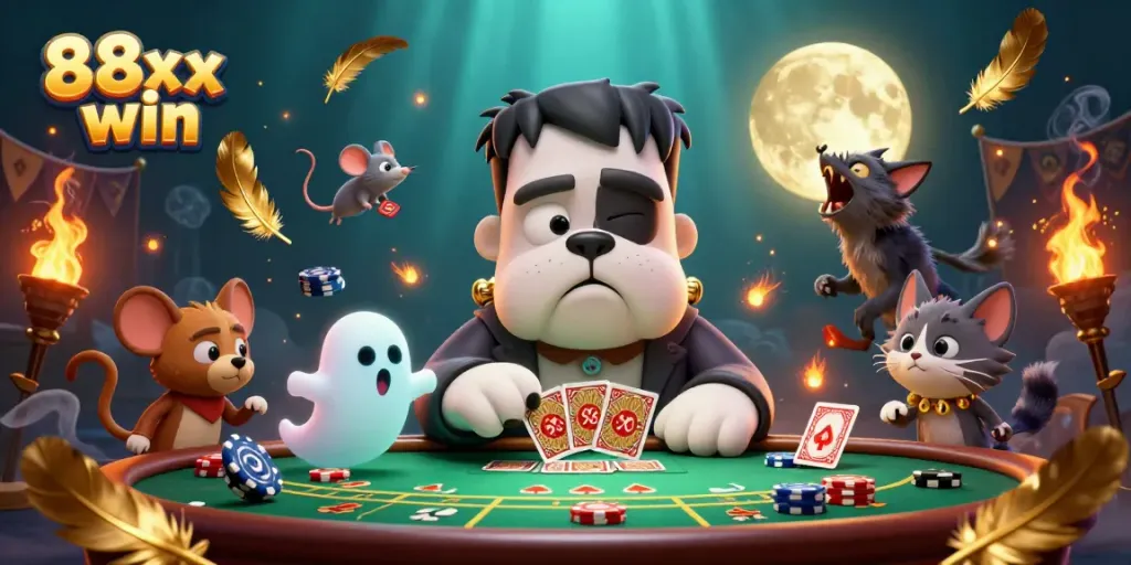 Win exciting bonuses and prizes in a lively casino scene with 88xx win characters playing cards and enjoying the game.