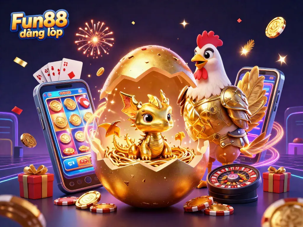 Win big with Fun88 đăng nhập at a vibrant online casino, featuring a golden dragon and overflowing poker chips.
