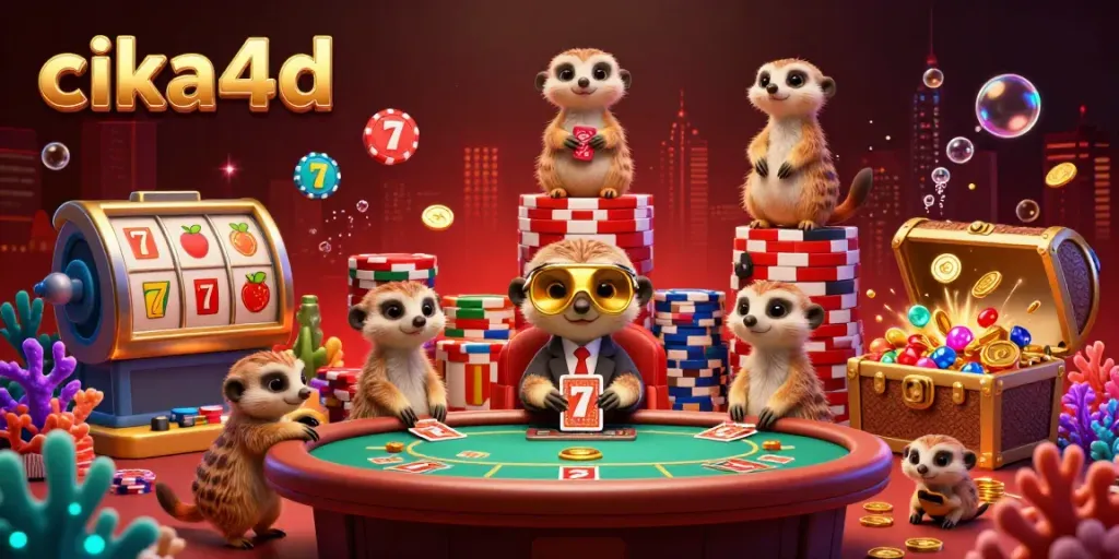Engage with cika4d's vibrant casino scene led by a meerkat pit boss amidst treasure and games.