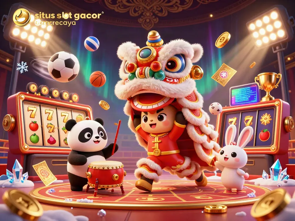 Experience the excitement of situs slot gacor terpercaya with vibrant casino elements featuring a lion dance.
