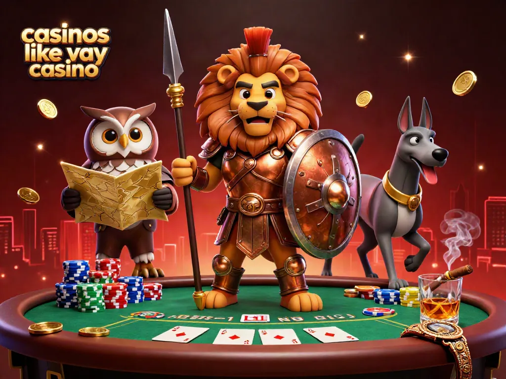 Experience excitement at casinos like yay casino with a vibrant 3D illustration of a Spartan lion, tactical owl, and swift greyhound.