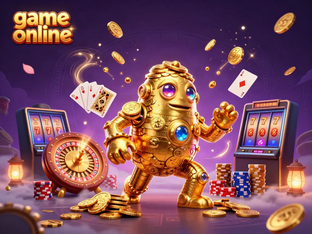 Engaging scene of a golden golem surrounded by vibrant casino elements, promoting game online excitement.