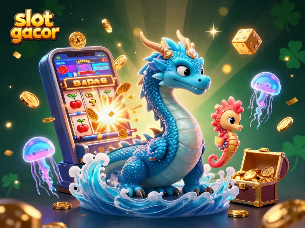 Engage with slot gacor themes in a vibrant casino environment, featuring a magical dragon and treasure.