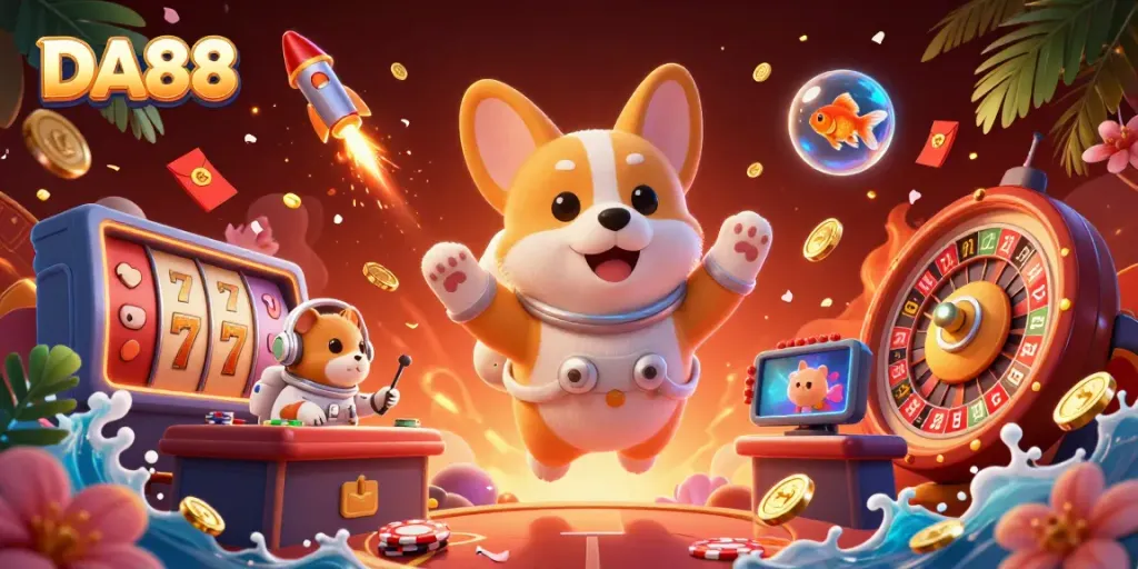 Experience thrilling gameplay at DA88, where an astronaut corgi navigates a vibrant casino atmosphere filled with floating coins and gaming elements.
