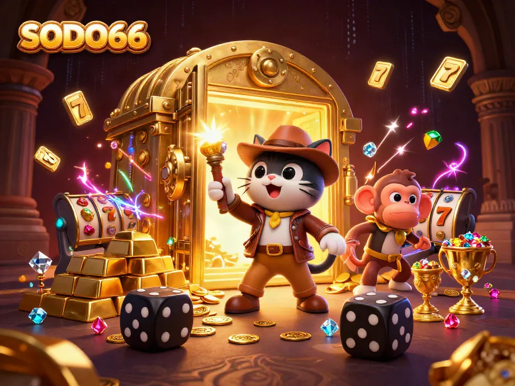 Explore the thrilling world of SODO66 with captivating illustrations of casino treasures and dynamic gaming elements.