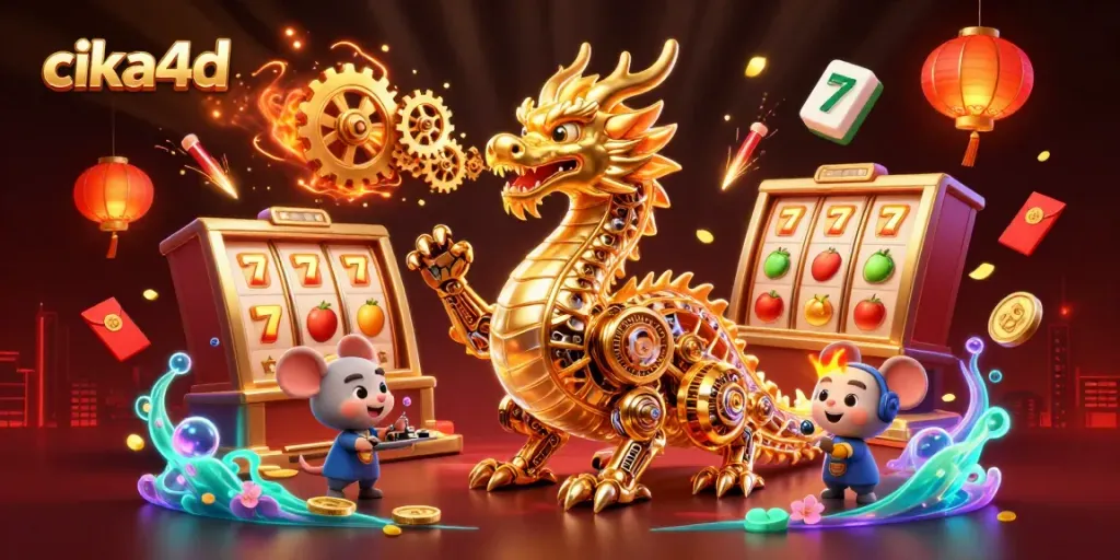 Engage with the vibrant scene depicting cika4d's golden dragon amidst spinning slot reels and celebratory fireworks.