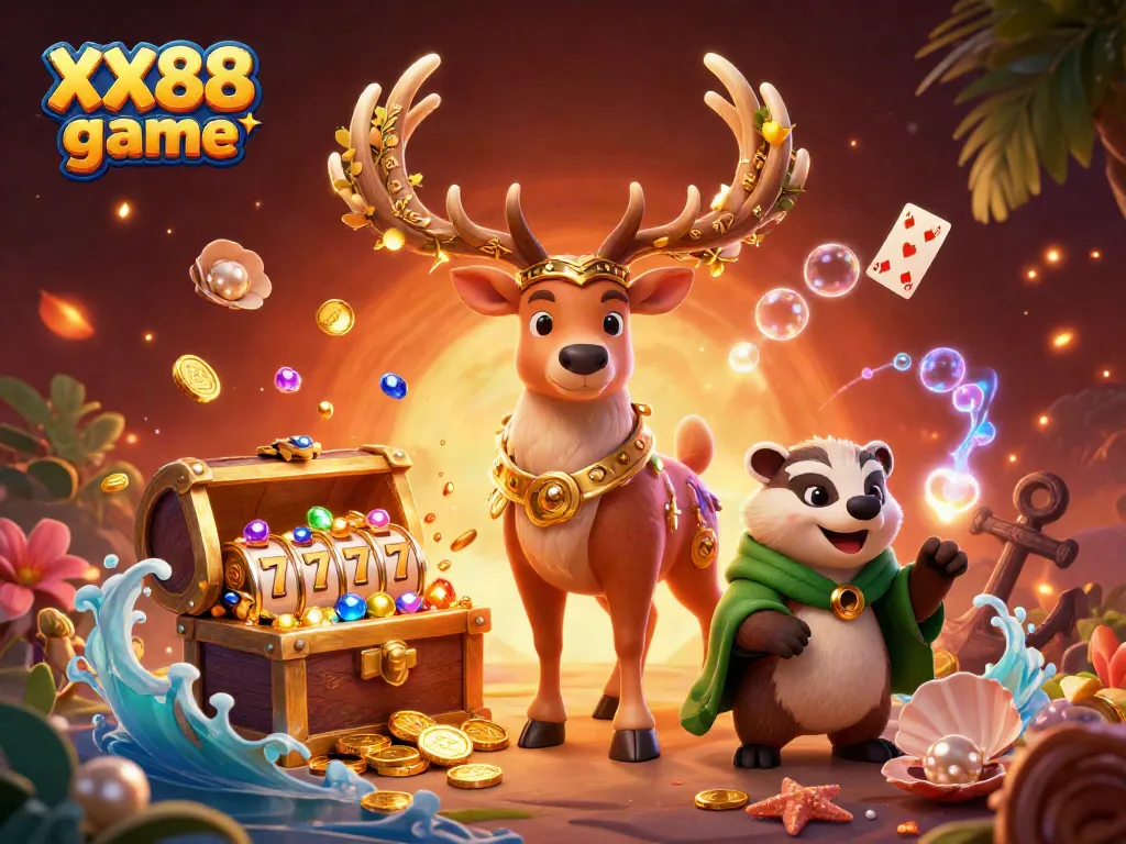 Experience the excitement of XX88 game with colorful gems and floating playing cards in this vibrant casino scene.