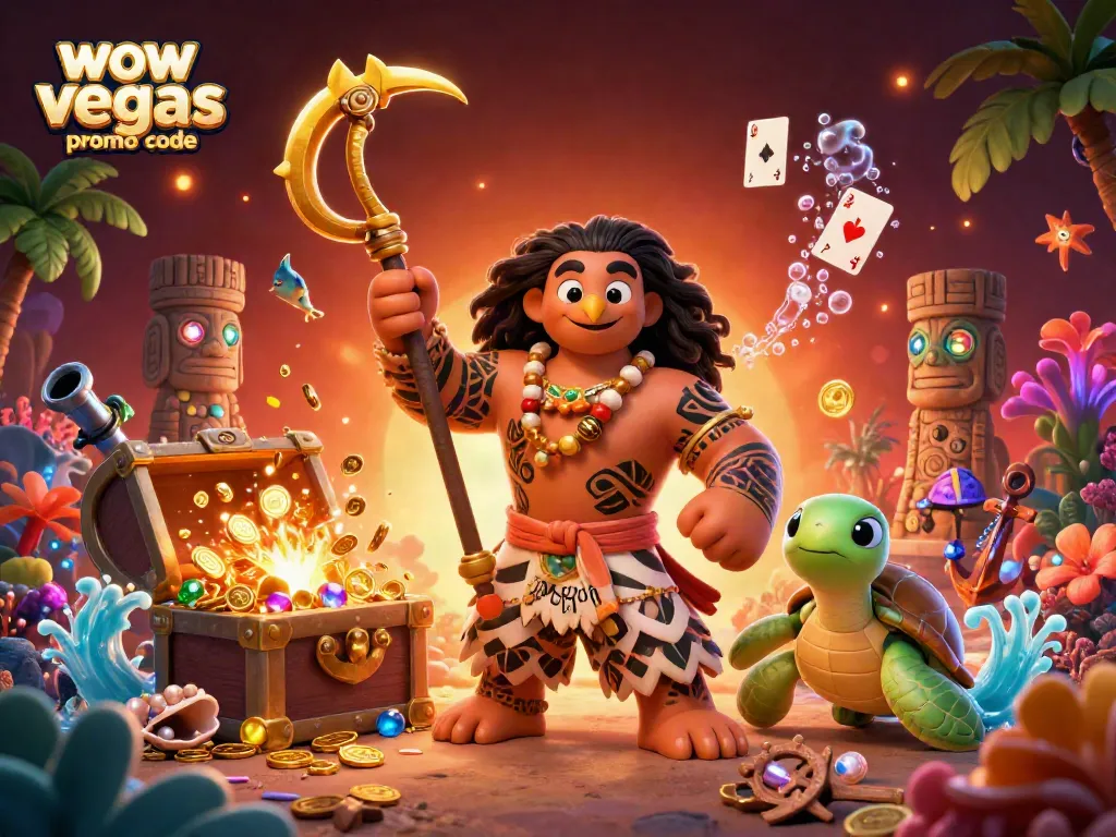 Win big with WOW Vegas promo code in an exciting casino-themed 3D illustration.