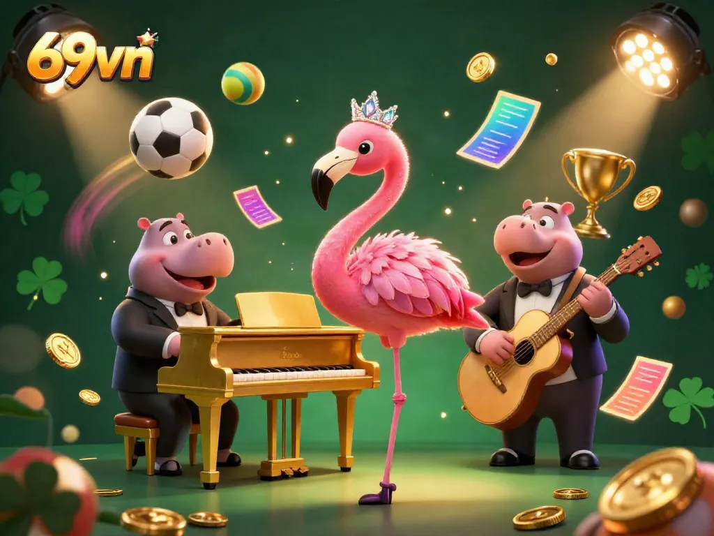 Engage with 69vn's vibrant casino atmosphere featuring a flamingo singer and hippo bassist.