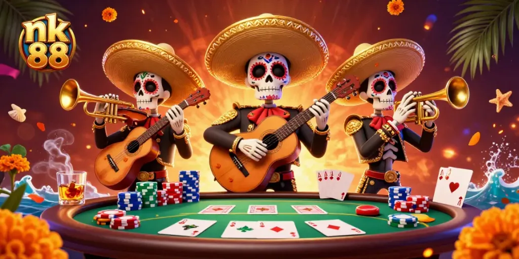 Experience the vibrant nk 88 casino action with mariachi skeletons around a lively poker table.