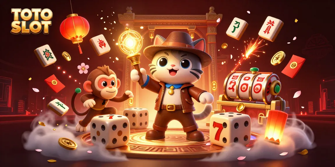 TOTO SLOT game illustrates a cat archaeologist uncovering treasures amid dynamic casino elements.
