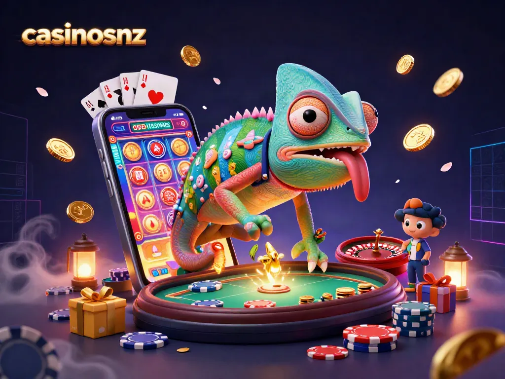 Engage in thrilling gameplay at casinosnz with a vibrant illustration of a chameleon casino owner, coins, and colorful games.