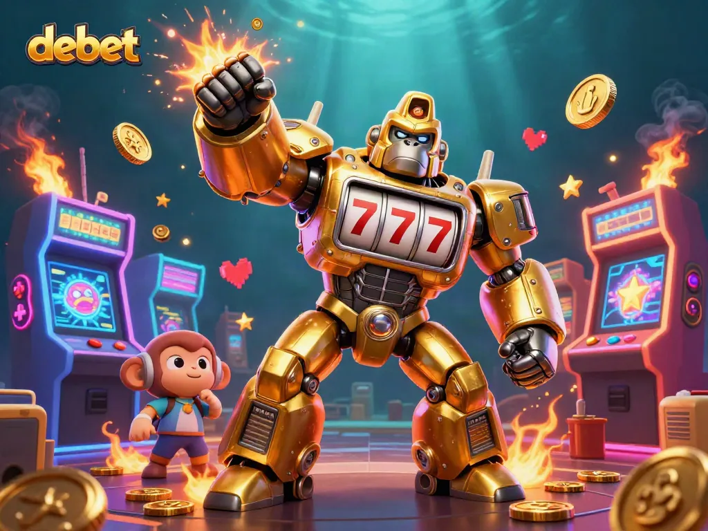Spin the reels and win big with debet in this vibrant casino-themed illustration packed with action.