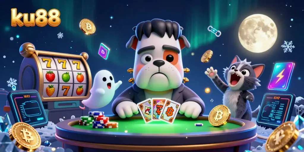 Engage in thrilling casino games at ku88 with a lively 3D scene featuring a Frankenstein bulldog dealer and ghostly elements.