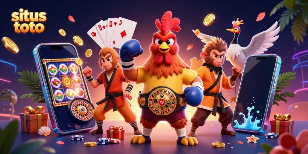 Engage with thrilling situs toto action in a vibrant, colorful 3D digital casino scene filled with dynamic characters.