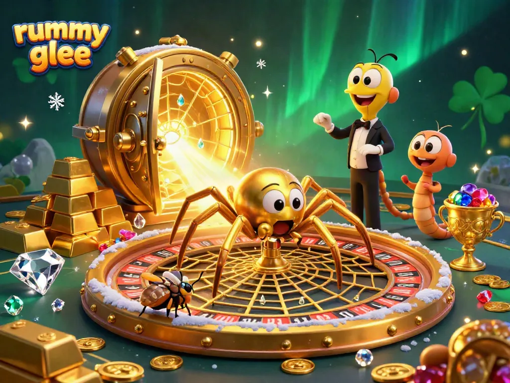 Rummy Glee menampilkan laba-laba emas 3D di meja roulette dengan harta karun yang berkilauan.