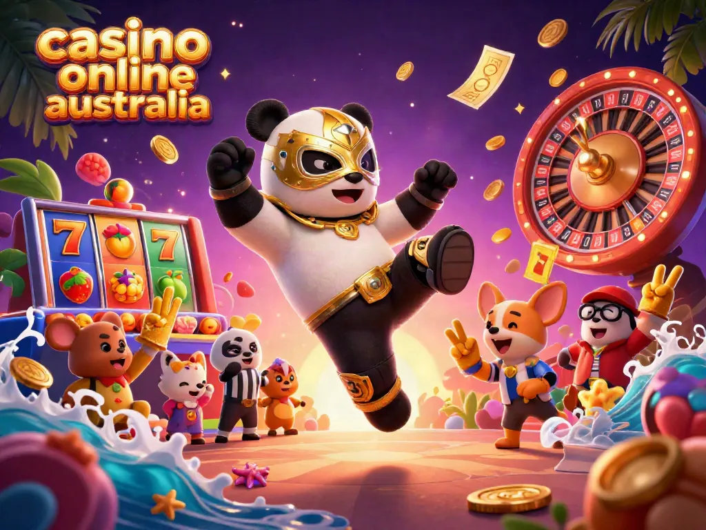 Experience the excitement of casino online australia with a thrilling 3D scene featuring a panda wrestler and vibrant casino elements.