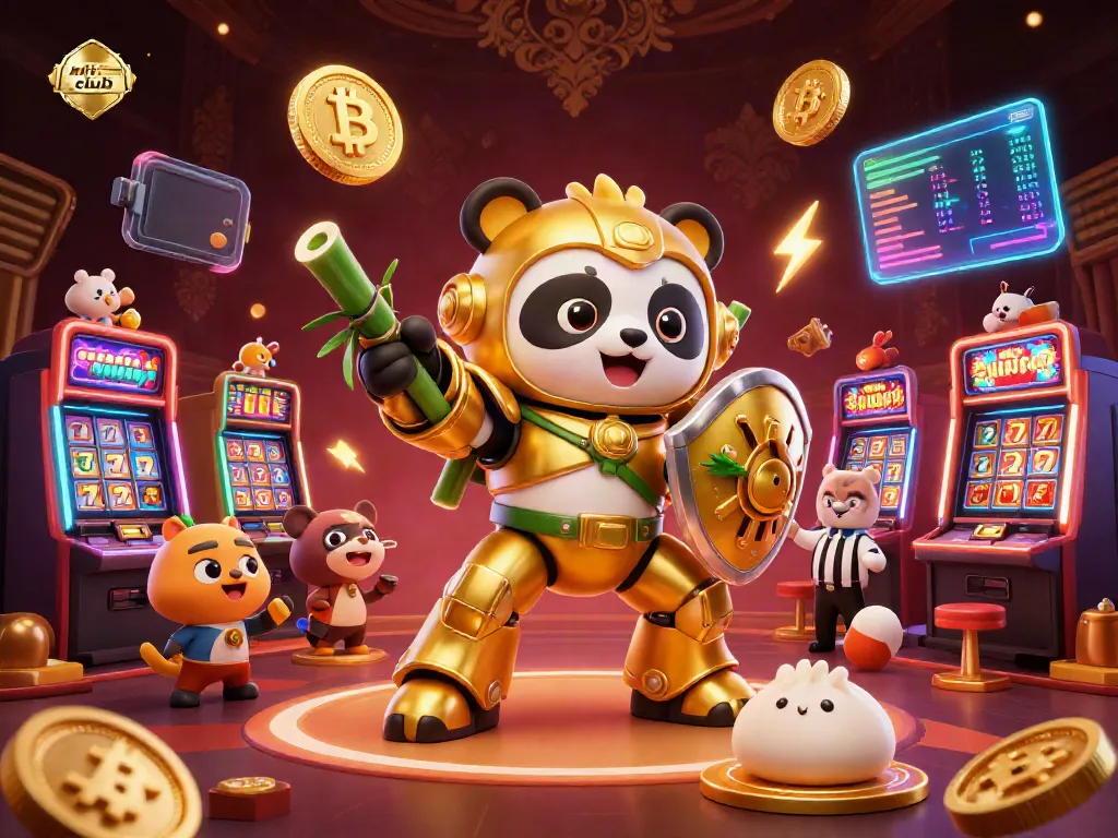 Join the excitement at Hit club, where a golden panda pilots a robot in a vibrant casino filled with jackpots.